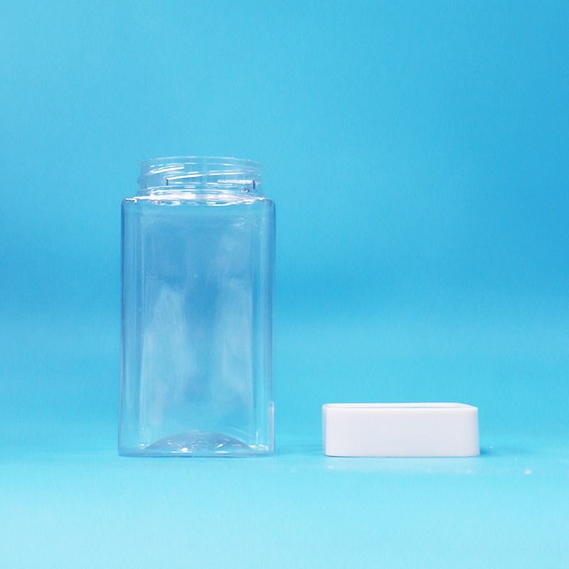 Lebensmittelechte, transparente, quadratische, leere PET-Kunststoff-Lebensmittel-Bonbon-Keks-Marmeladen-Glas mit weißem Deckel
