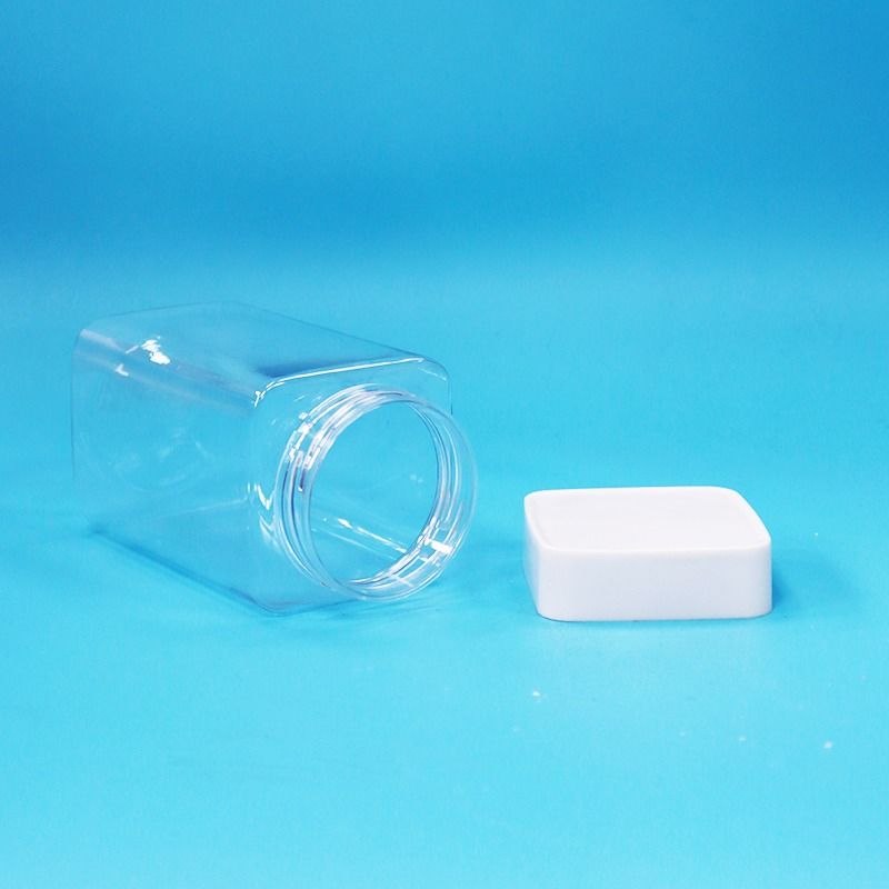 Lebensmittelechte, transparente, quadratische, leere PET-Kunststoff-Lebensmittel-Bonbon-Keks-Marmeladen-Glas mit weißem Deckel