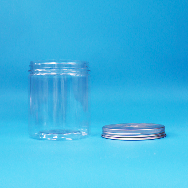 Breitmunde, runde, durchsichtige Kunststoff-PET-Glas, Lebensmittelqualität, Süßwaren-Verpackungsgefäß, Aluminiumdeckel