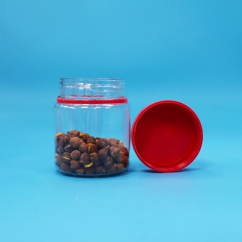 Kleine, leere, lebensmittelechte Schraubdeckel, rot, transparente Kunststoff-PET-Gläser für Süßigkeiten und Nüsse