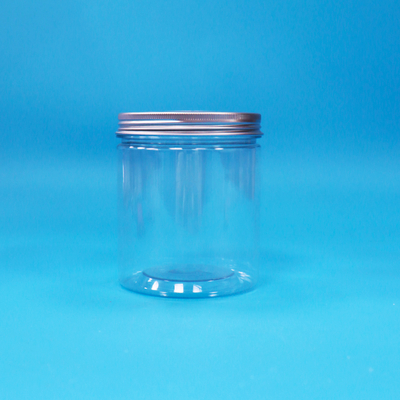 Breitmunde, runde, durchsichtige Kunststoff-PET-Glas, Lebensmittelqualität, Süßwaren-Verpackungsgefäß, Aluminiumdeckel