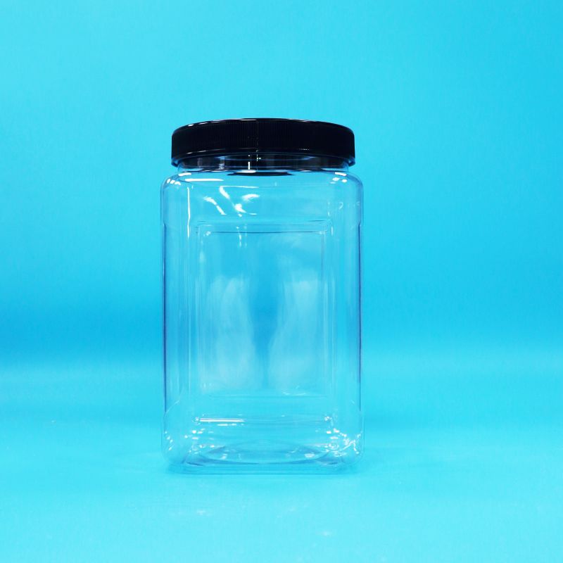 Transparente Gläser, quadratische Form, Kunststoff PET, schwarzer Deckel, für Lebensmittel, Süßigkeiten, Kekse, Nudeln