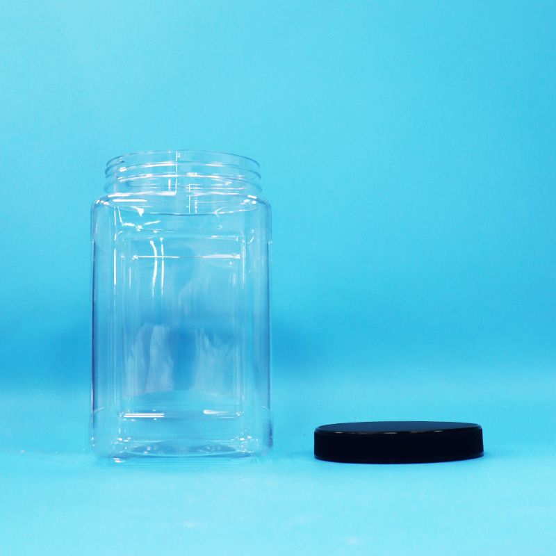 Transparente Gläser, quadratische Form, Kunststoff PET, schwarzer Deckel, für Lebensmittel, Süßigkeiten, Kekse, Nudeln