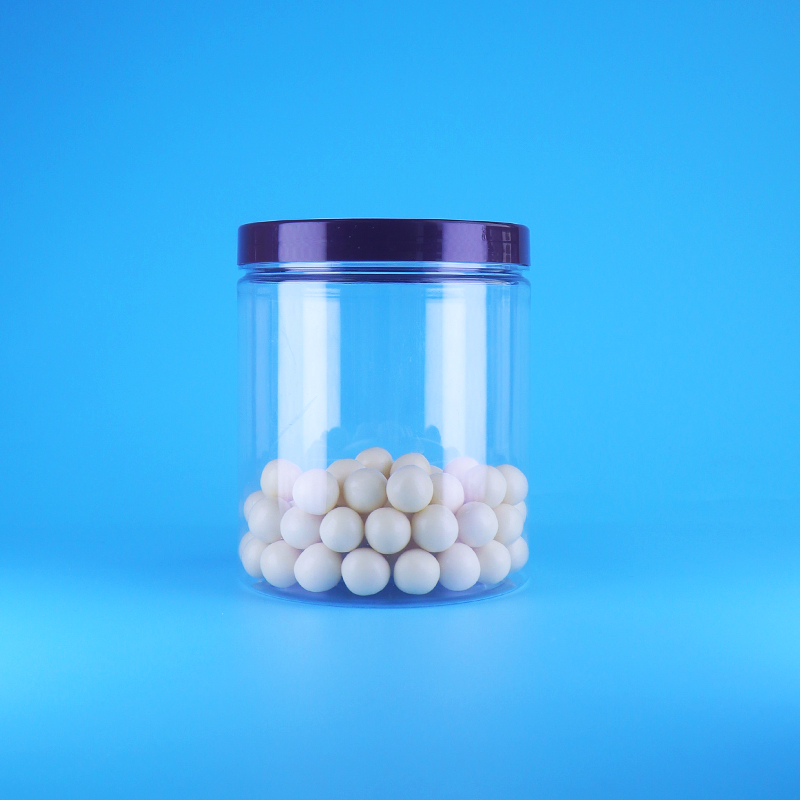 Lebensmittelechte, luftdichte, hohe, runde, transparente PET-Kunststoff-Gläser für süße, trockene Lebensmittel mit Schraubverschluss und flachem Deckel