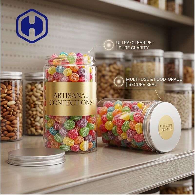 Lebensmittelqualität Durchsichtige PET-Aluminium-Kappen-Gläser perfekt für Schokoladen-Keks Süßigkeiten einfach zuverlässig
