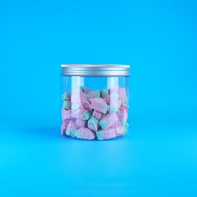 Runder Aluminium-Deckel mit leichtem Öffnungsmechanismus für Lebensmittel, Süßigkeiten, Kekse, Jasmintee, Kunststoff, transparente PET-Dose